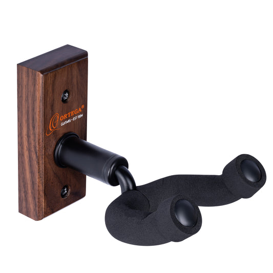 Support mural pour guitare et basse, embase bois, fixation par 2 vis, étrier (largeur: 4.5 cm) recouvert de mousse, noyer