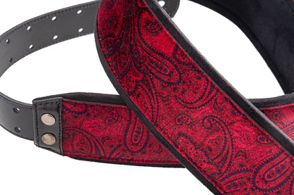 Courroie modèle J-PAISLEY, extérieur velours, largeur 7 cm, longueur 95 à 150 cm, porte-médiators intégré, rouge