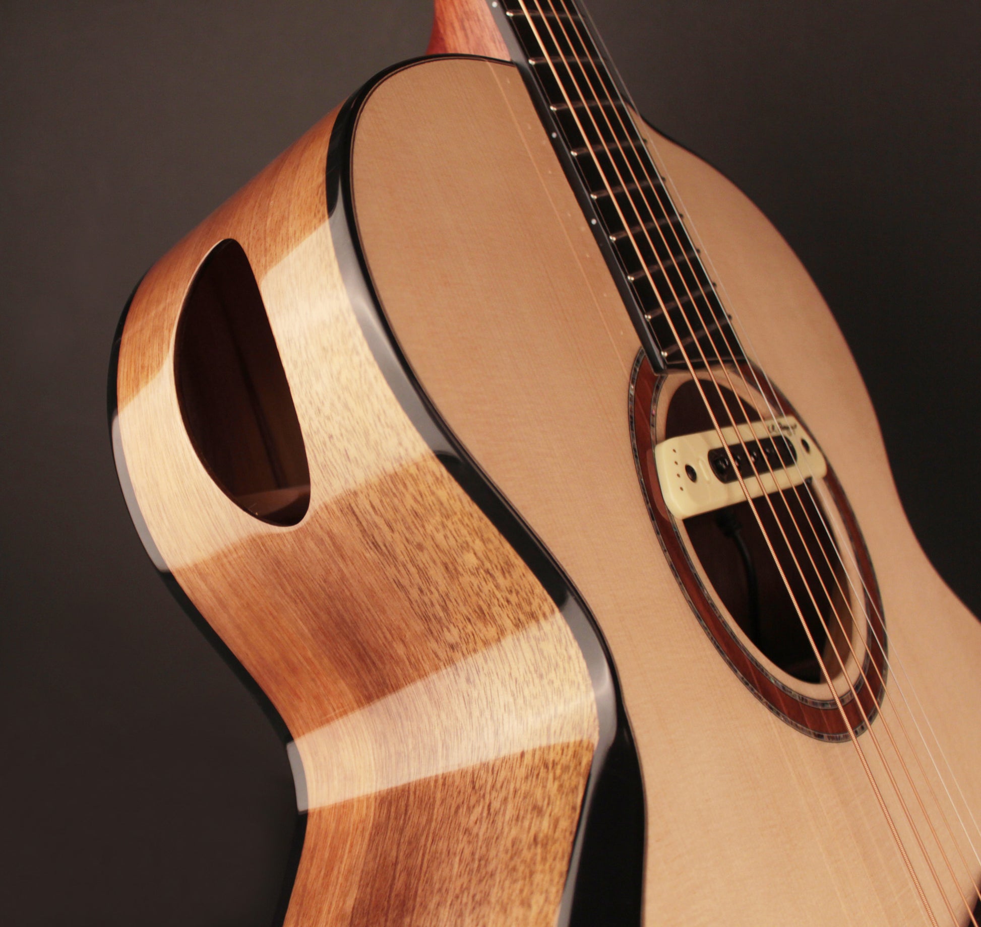 CUT CRAFT, série limitée, forme Small Jumbo, table épicéa européen, fond & éclisses myrtlewood, micro LR Baggs M80, étui