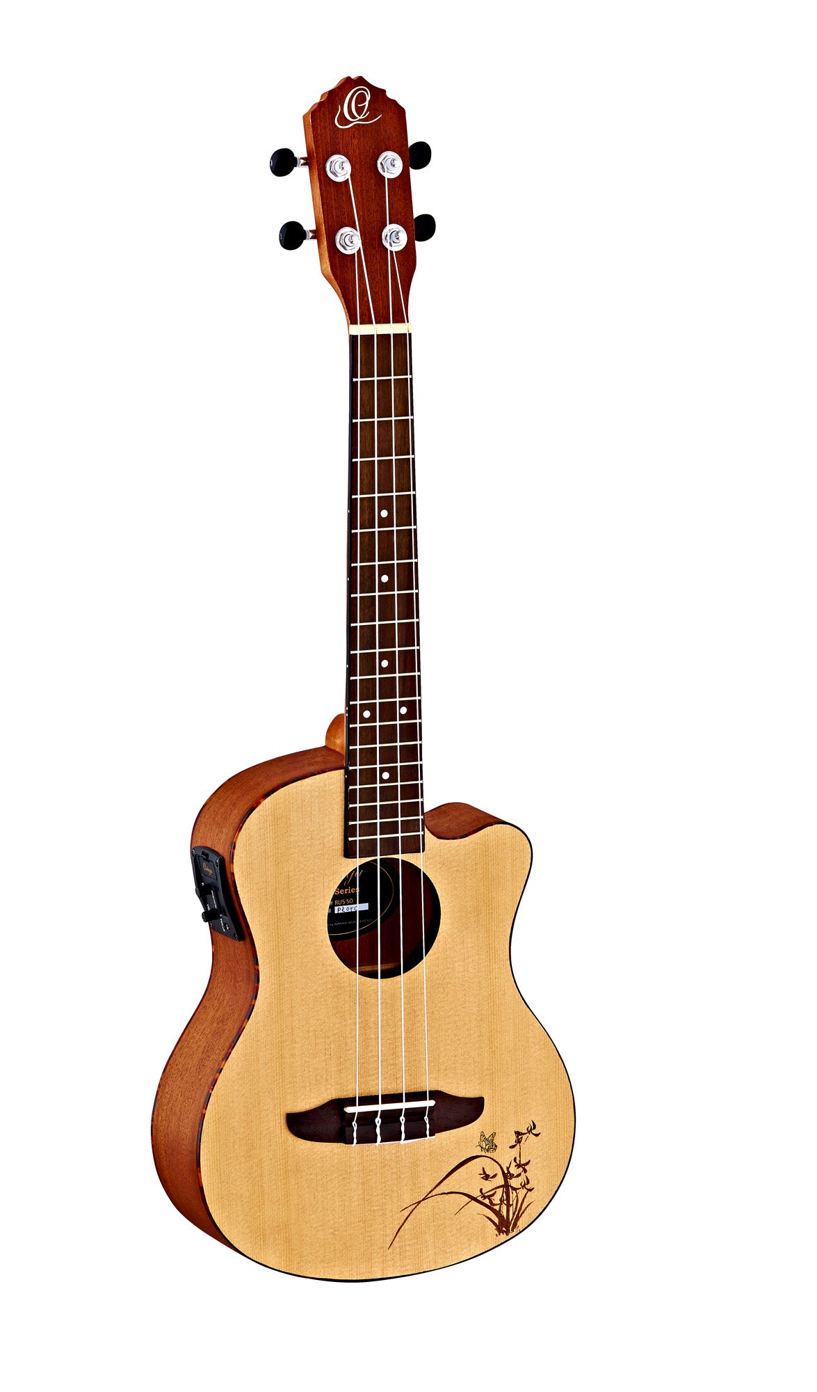 RU5CETE, modèle Ténor pan coupé, EQ MagusUke, table épicéa avec motif, f/e sapele, manche acajou, naturel satiné