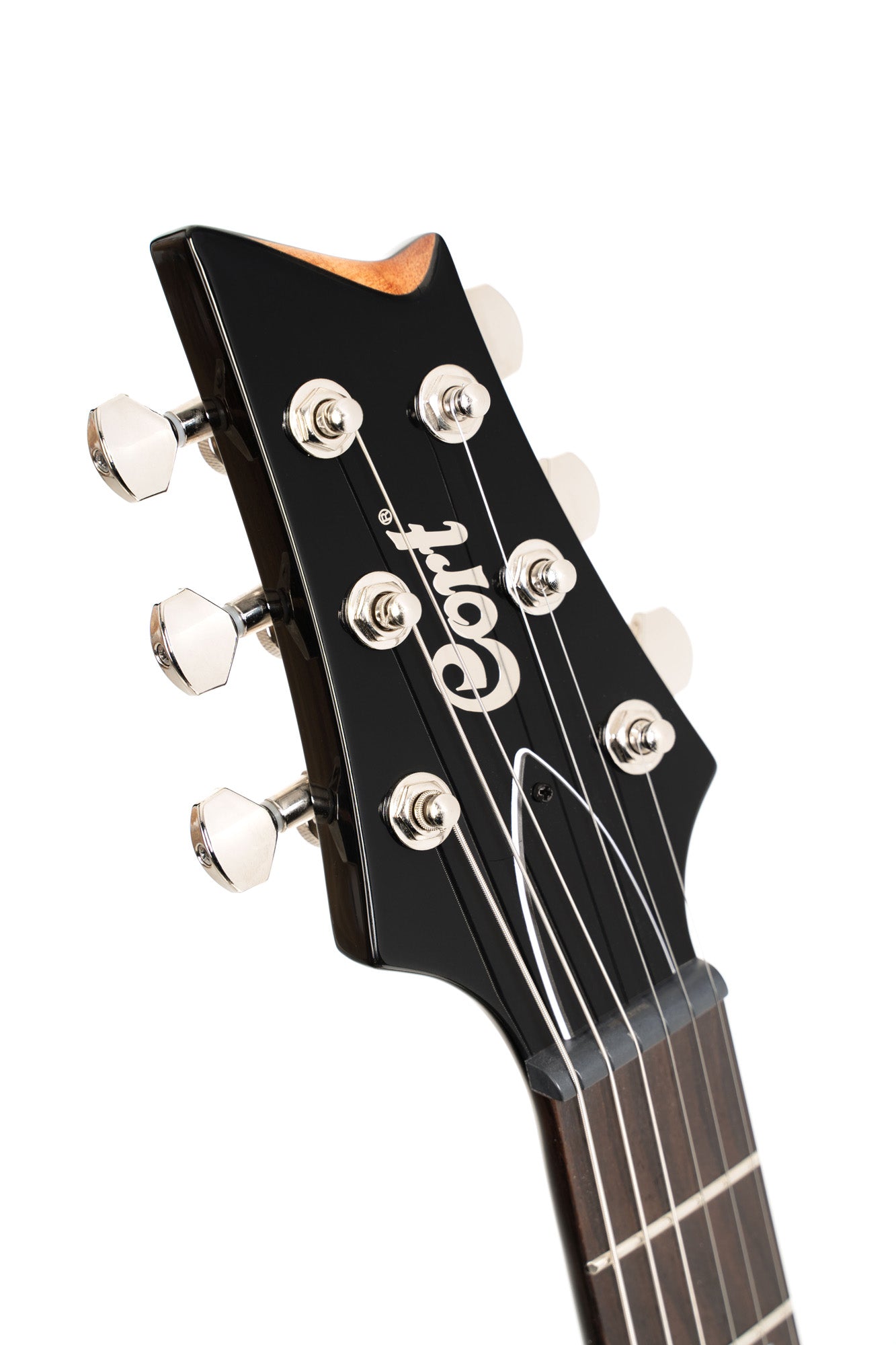 M600, corps acajou, placage érable flammé, manche collé acajou, 2 micros doubles Cort Voiced Tone VTH-59, tobacco sunburst