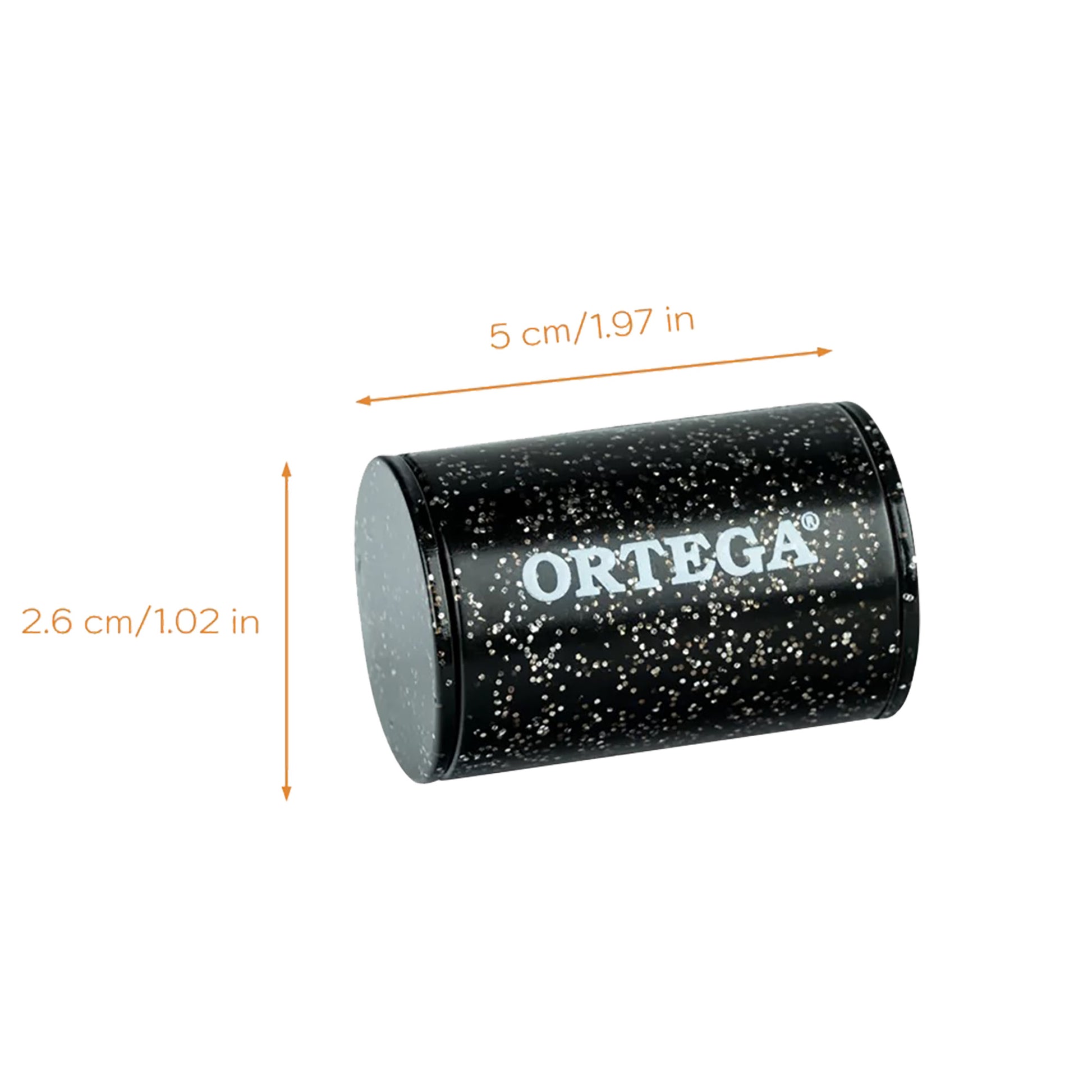 OFS-BKS, shaker pour doigt Ortega, plastique, hauteur 39 x diamètre 25 mm, bande élastique, finition noir pailleté brillant