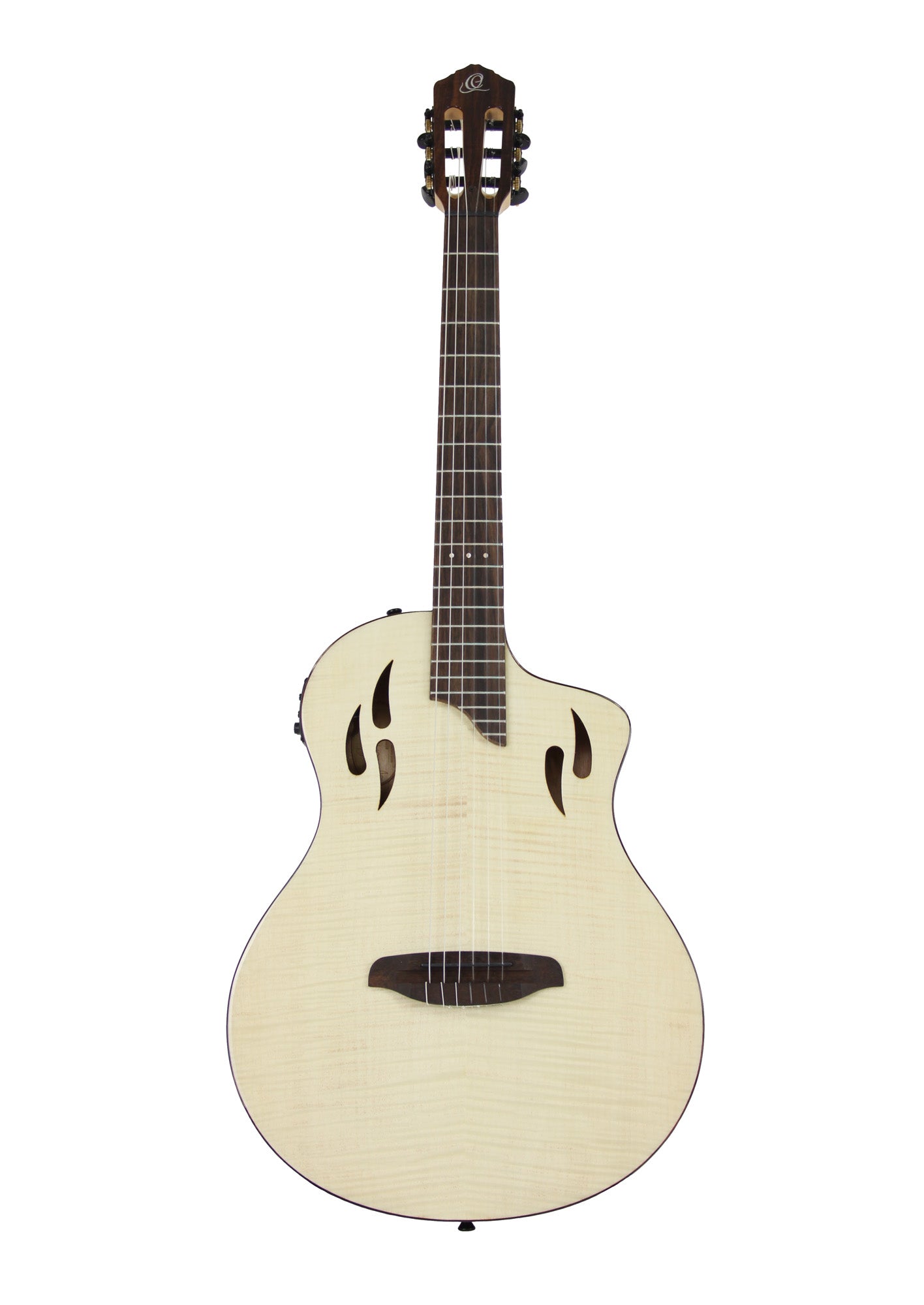 RTPFE-1, modèle TourPlayer, EQ Magus X, corps okoumé, table érable flammé, sillet 48 mm, housse, naturel brillant