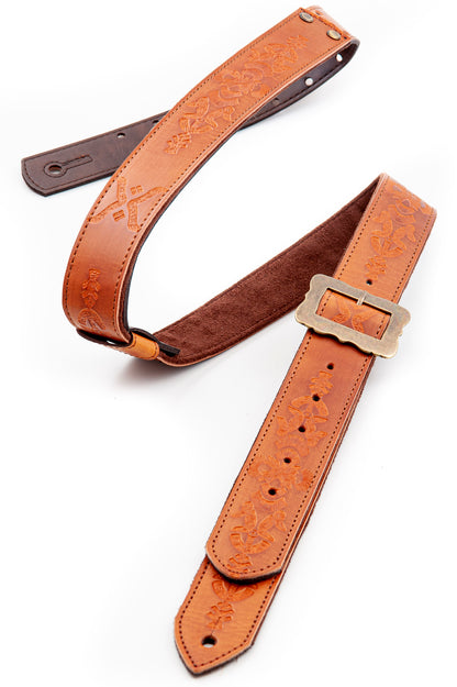 Courroie modèle LEGEND BM BOHEMIAN, cuir haute qualité, largeur 4 cm, longueur 60 à 163 cm, porte bottleneck intégré, woody