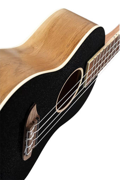 RUEL-MBK, modèle Concert, table épicéa, fond & éclisses catalpa, manche acajou, housse luxe, noir métallisé brillant