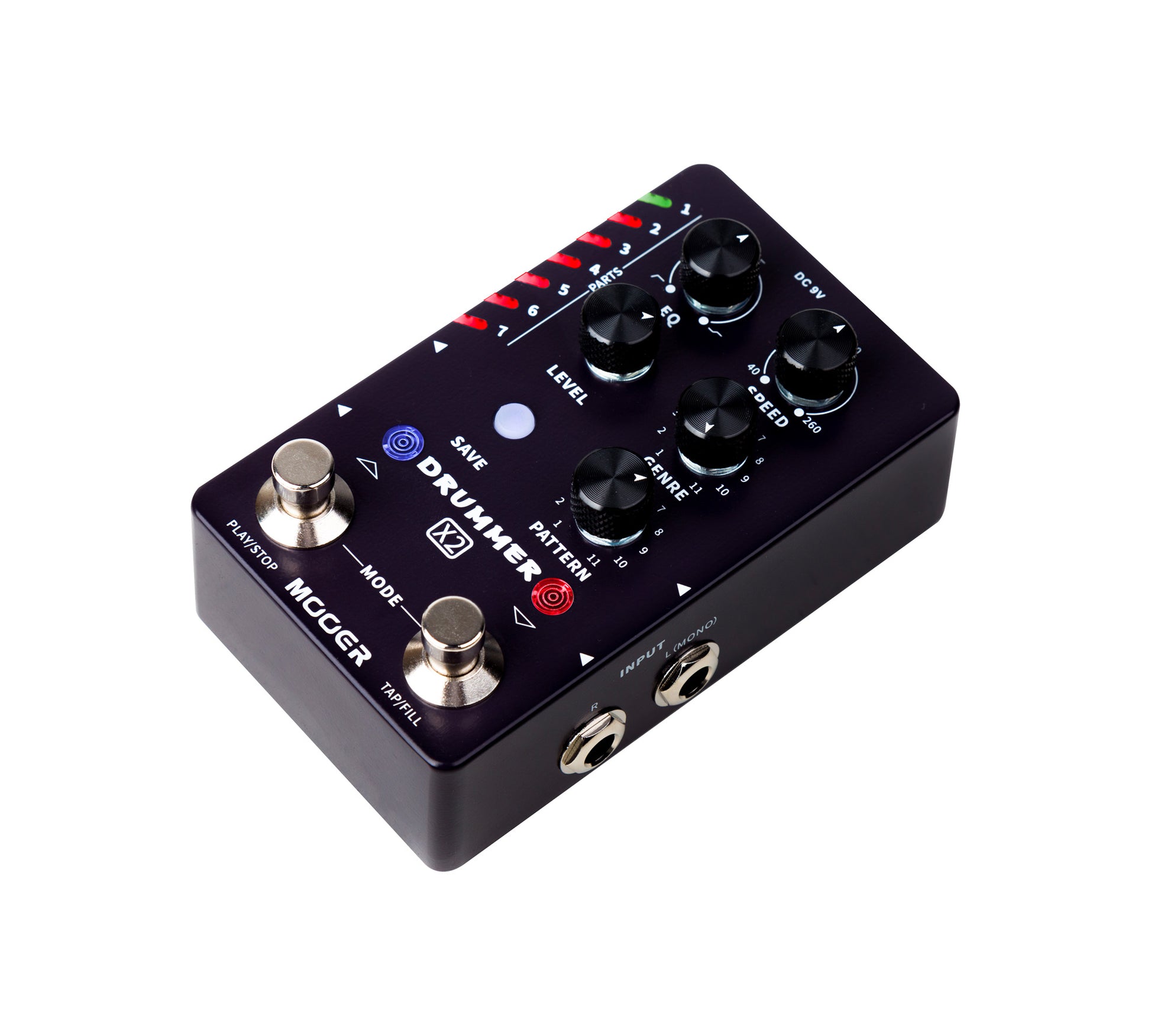 Pédale DRUMMER X2, boite à rythmes stéréo, 11 styles avec 11 grooves différents pour chacun, 7 presets utilisateurs, noir