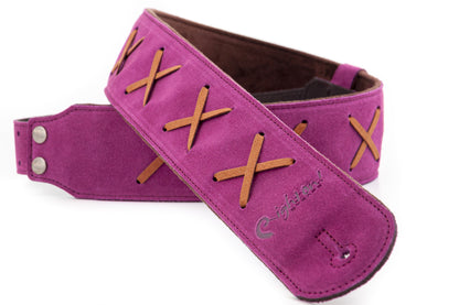 Courroie modèle LEGEND DG, cuir haute qualité, largeur 6 cm, longueur 100 à 145 cm, porte-médiators intégré, violet