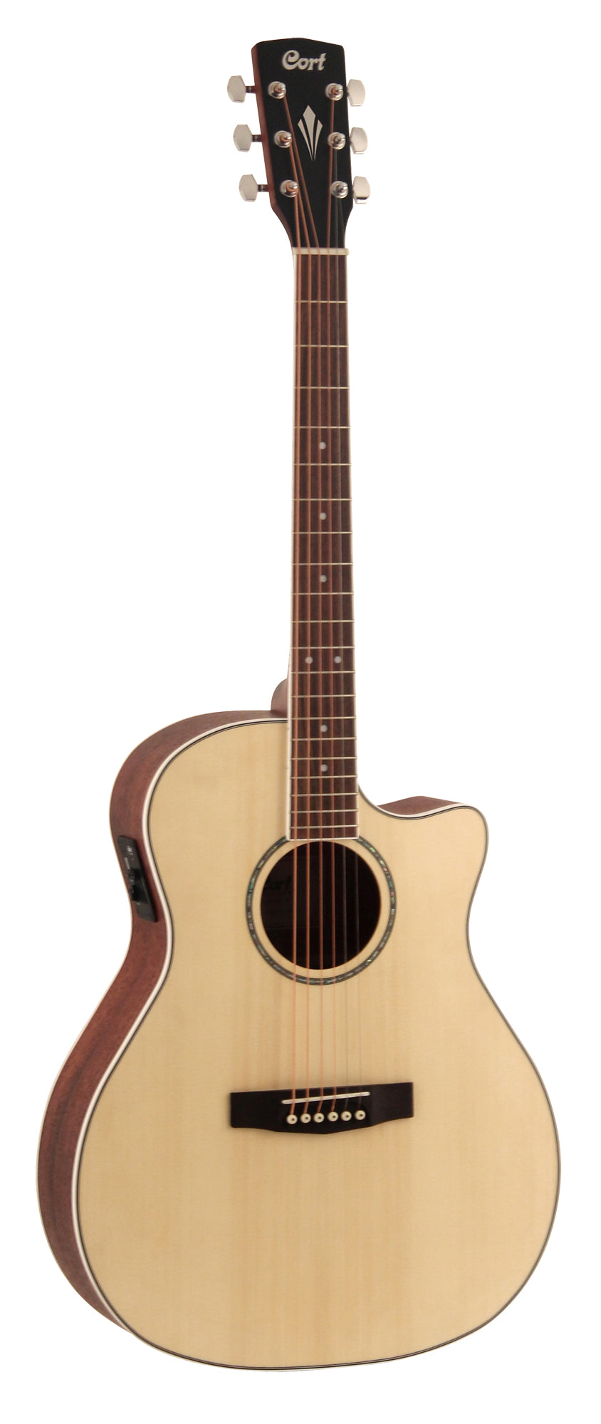 GA-MEDX, table épicéa, f/e acajou, manche acajou, touche & chevalet merbau, EQ Cort CE306T, naturel pores ouverts