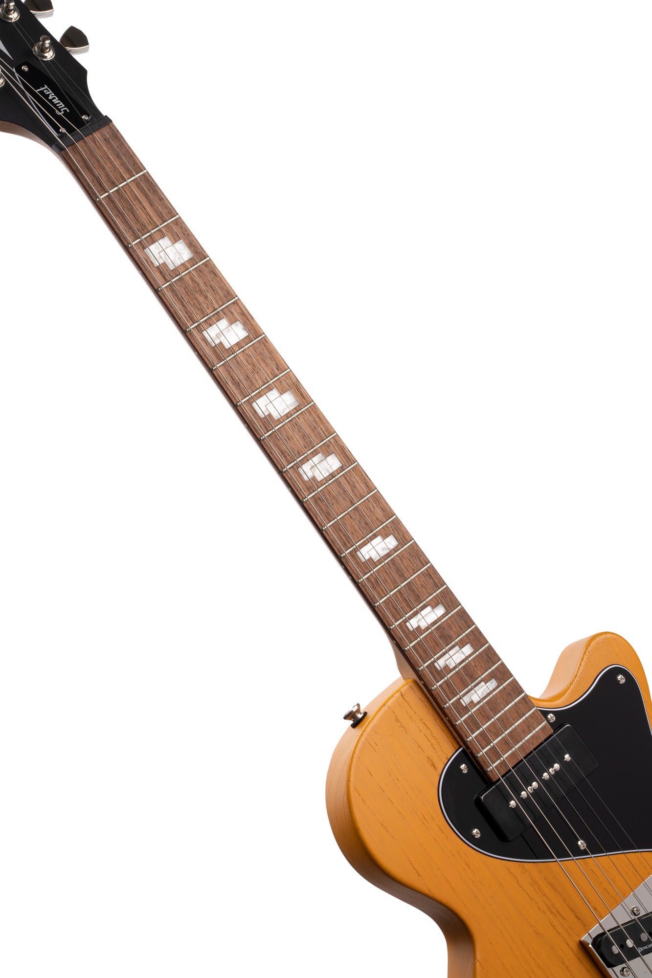 SUNSET TC, corps frêne, manche érable, touche jatoba, 2 micros CORT Voiced Tone, jaune moutarde pores ouverts