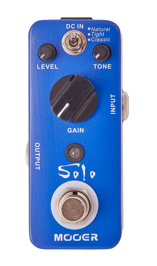 Pédale SOLO, distorsion hi-gain spécial solos à 3 modes (Natural/Tight/Classic), boîtier métal, true bypass, bleu