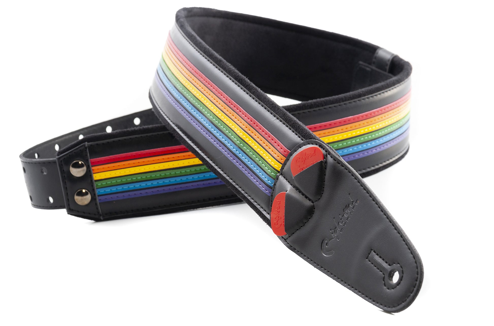 Courroie modèle PRISMA, extérieur synthétique, largeur 6 cm, longueur 100 à 145 cm, porte-médiators intégré, noir et arc-en-ciel