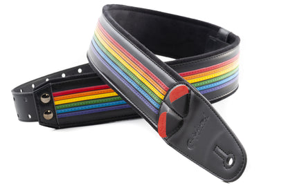 Courroie modèle PRISMA, extérieur synthétique, largeur 6 cm, longueur 100 à 145 cm, porte-médiators intégré, noir et arc-en-ciel