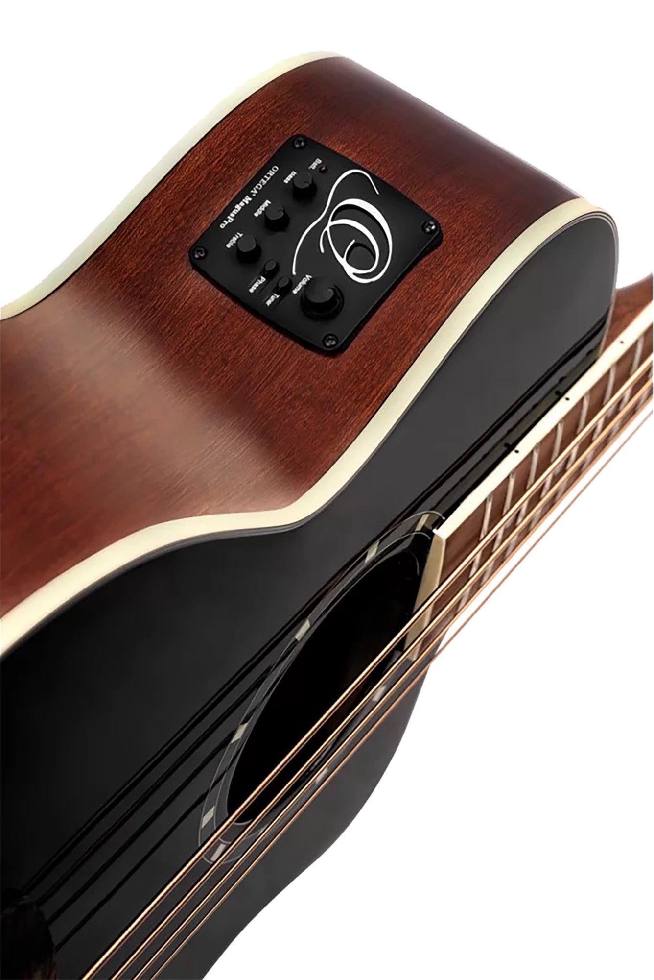 D8CE-4, basse 4 cordes, pan coupé, EQ Ortega MagusPro, table épicéa, f/e acajou, manche acajou, noir brillant