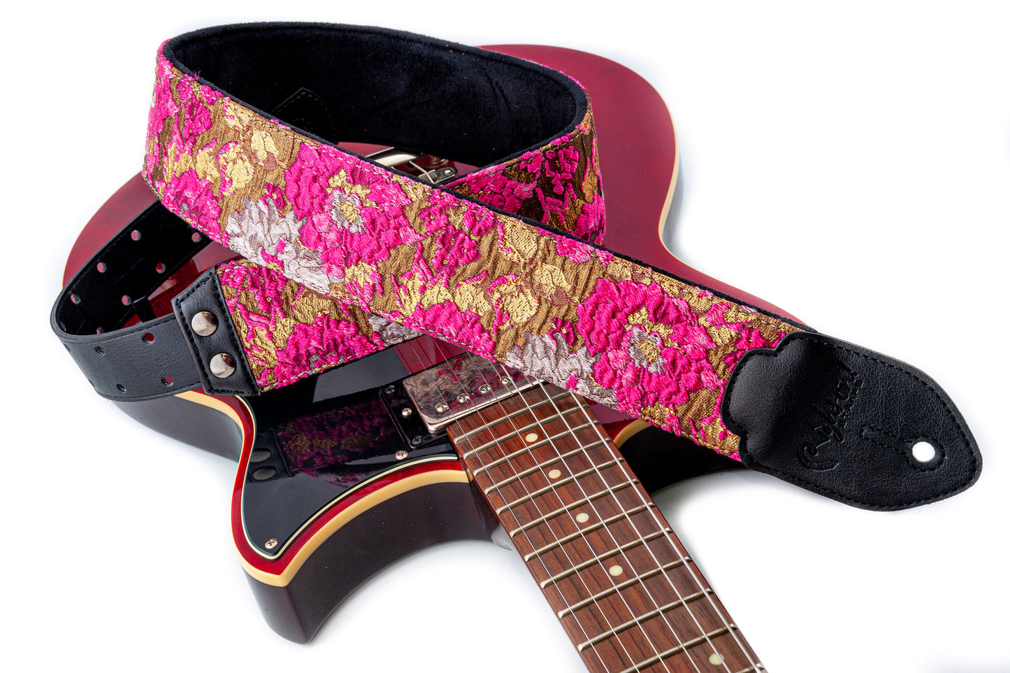 Courroie modèle GOLD & ROSES, extérieur synthétique et tissu, largeur 7 cm, longueur 95 à 150 cm, porte-médiators, rose