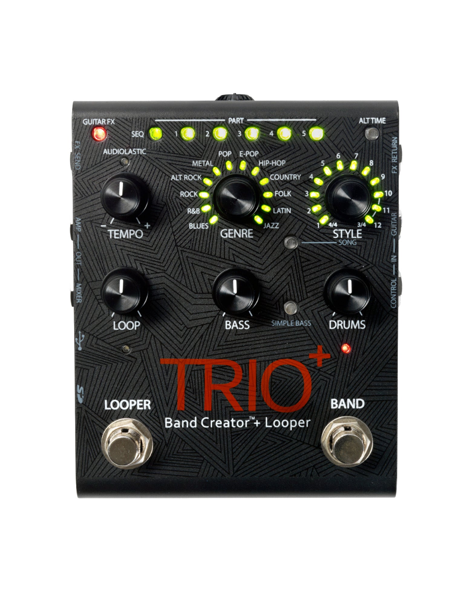 Pédale TRIO PLUS, Band Creator et looper, 12 genres musicaux avec 12 styles sélectionnables, avec carte SD et alimentation, noir