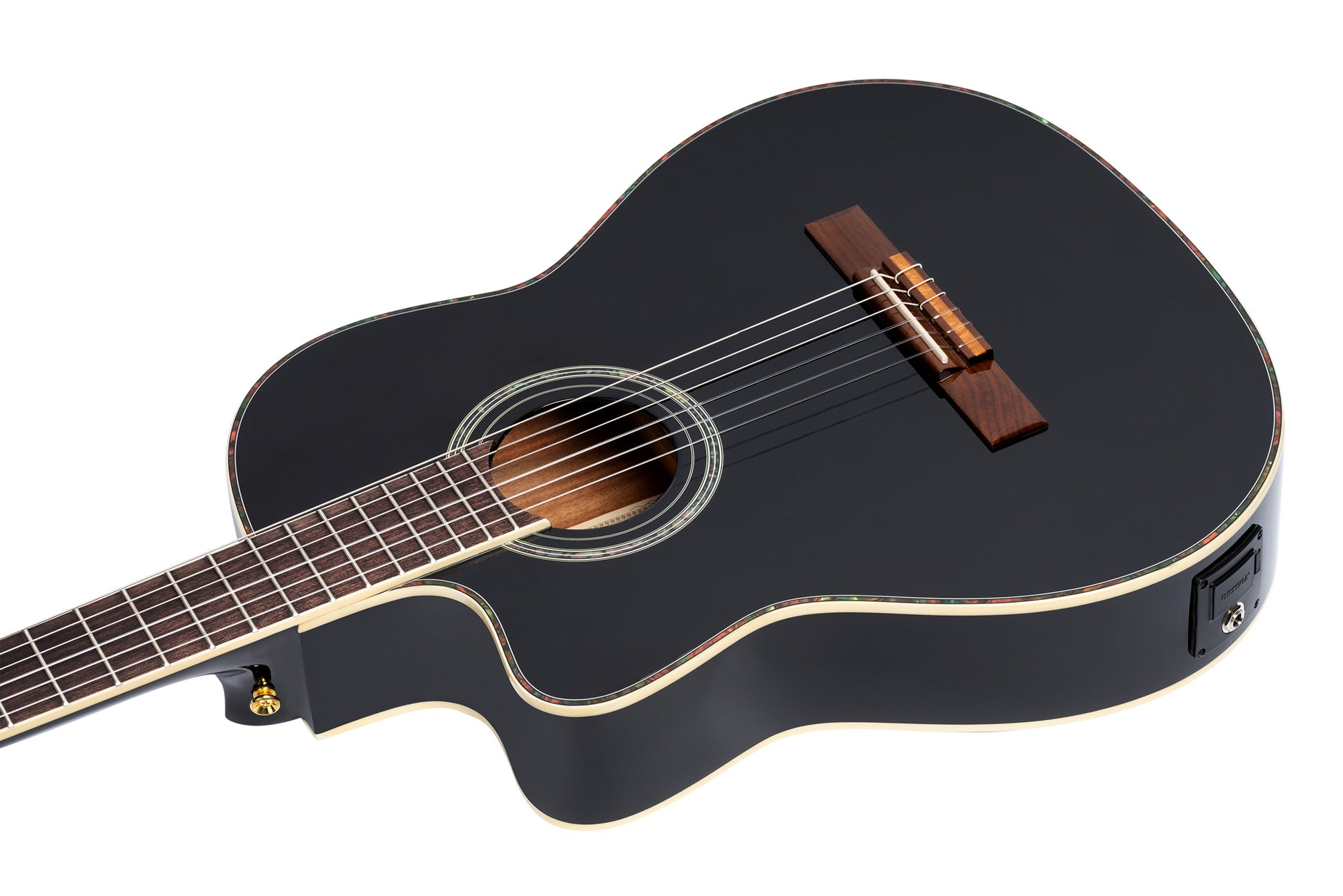 RCE145L, modèle gaucher à caisse fine, pan coupé, EQ MagusPro, table épicéa massif, manche acajou (sillet 48 mm), noir brillant