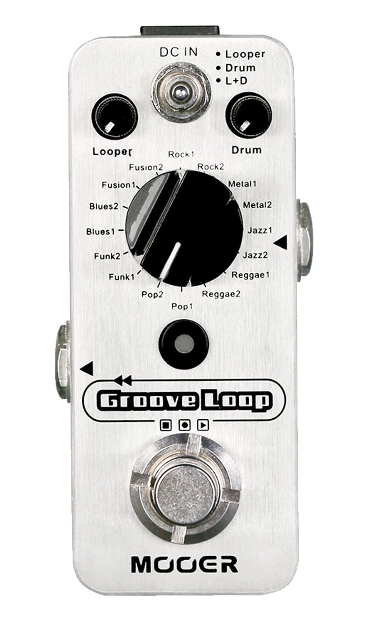 Pédale GROOVE LOOP, boite à rythmes et looper 3 modes (Looper/Drum/L+D), boîtier métal, true bypass, gris