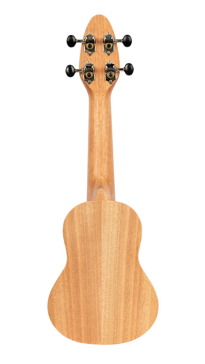 K1-MM, ukulélé Sopranino, table okoumé avec motif tortue, fond & éclisses okoumé, manche okoumé, acajou pores ouverts