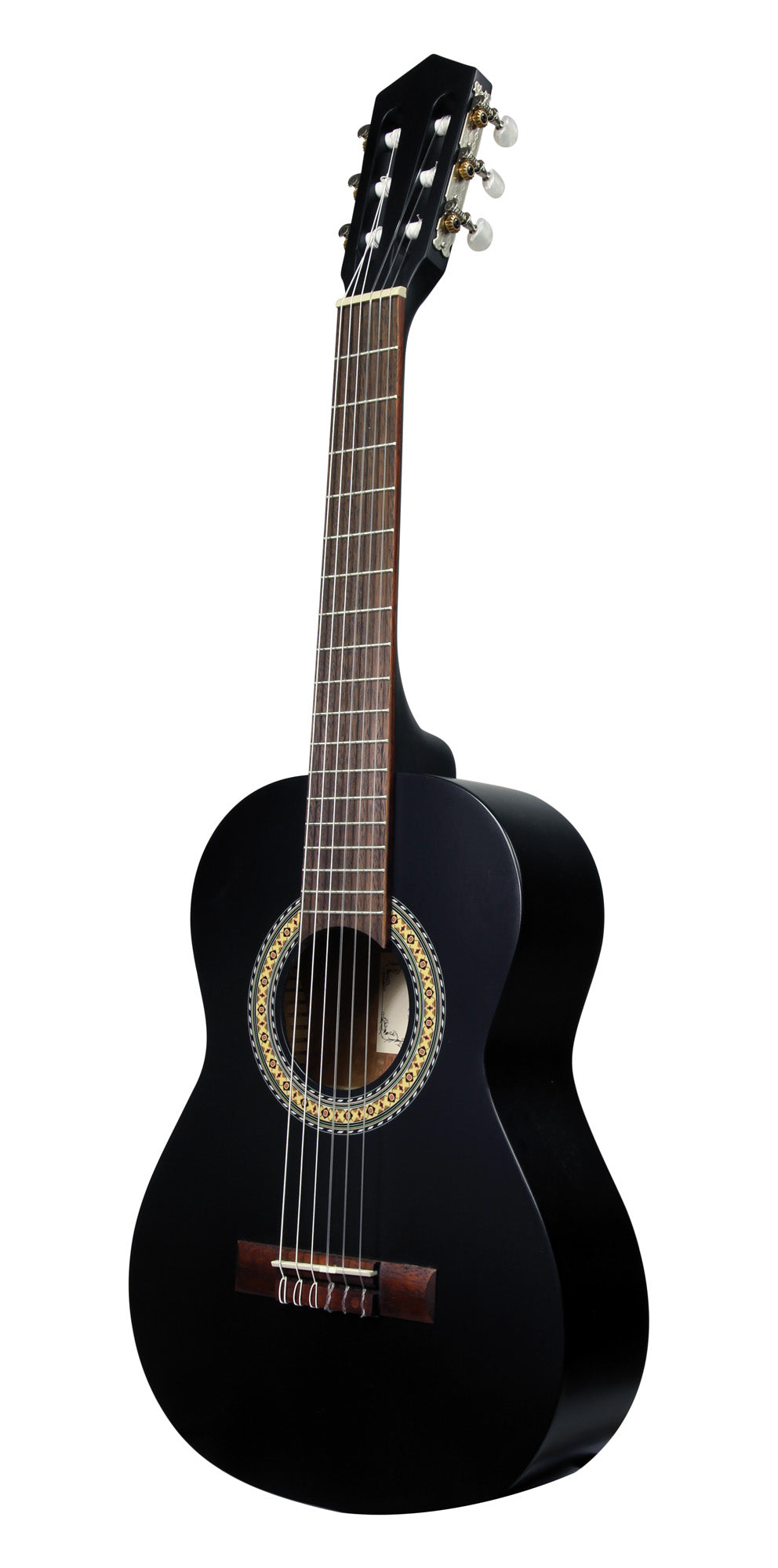 Guitare classique 1/2, table épicéa, fond & éclisses acajou, manche acajou, sillet 45 mm, cordes Bosset, noir satiné