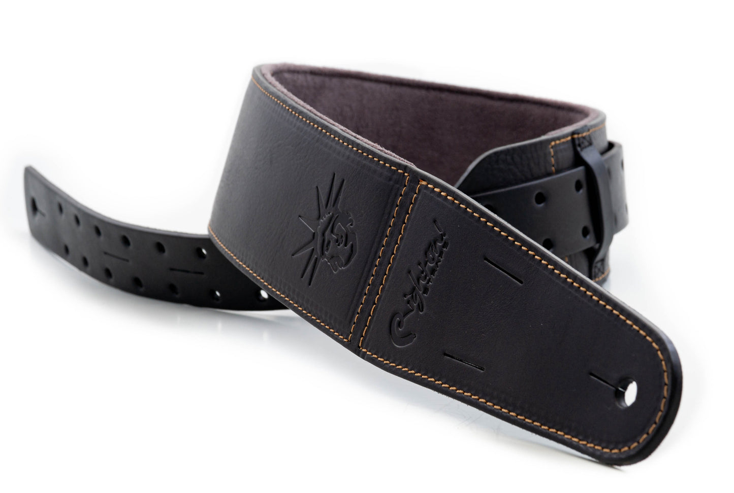 Courroie modèle BACKBEAT LIBERTY, extérieur cuir, largeur 6 cm, longueur 95 à 150 cm, porte-médiators intégré, noir