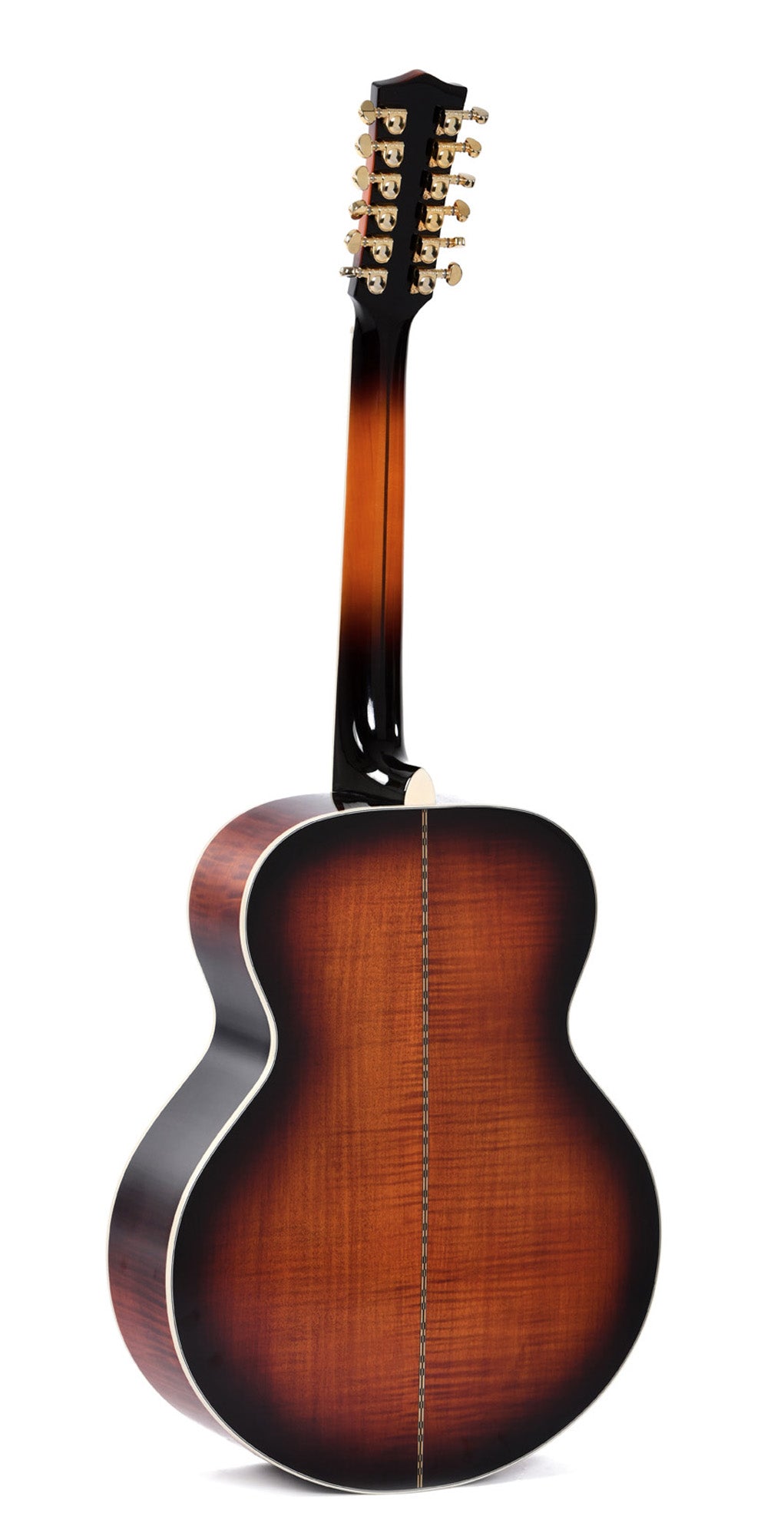 Modèle GJA12-SG200, Grand Jumbo 12 cordes, table épicéa massif, f/e érable flammé, touche micarta, EQ Fishman, vintage sunburst