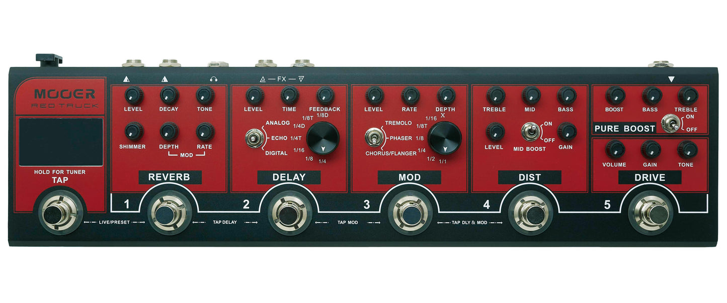 Pédalier RED TRUCK, 6 pédales d'effet (Boost, Overdrive, Distorsion, Modulation, Délai, Réverb), rouge
