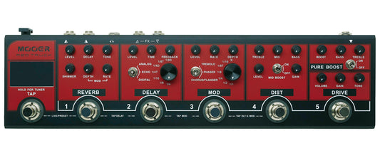 Pédalier RED TRUCK, 6 pédales d'effet (Boost, Overdrive, Distorsion, Modulation, Délai, Réverb), rouge