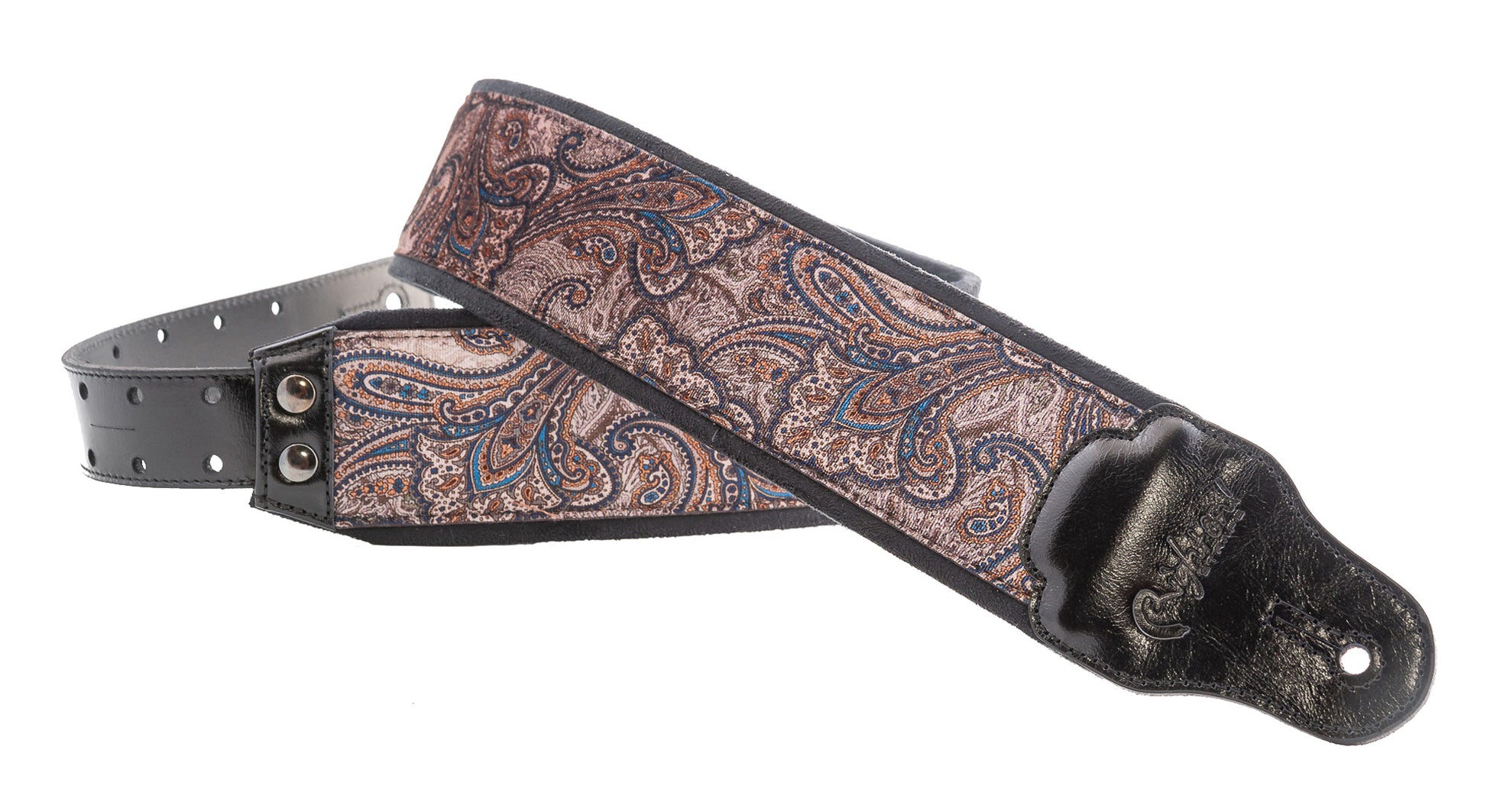 Courroie modèle J-PAISLEY, extérieur velours, largeur 7 cm, longueur 95 à 150 cm, porte-médiators intégré, brun