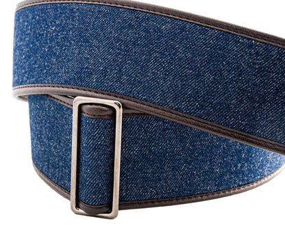 Courroie modèle DENIM, tissu, rembourrée, largeur 6 cm, longueur 95 à 150 cm, porte-médiators intégré, bleu