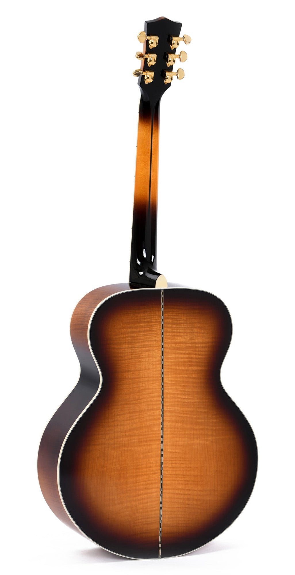 Modèle GJA-SG200L, Grand Jumbo, table épicéa massif, f/e érable flammé, touche micarta, EQ Fishman, soft case, sunburst, gaucher