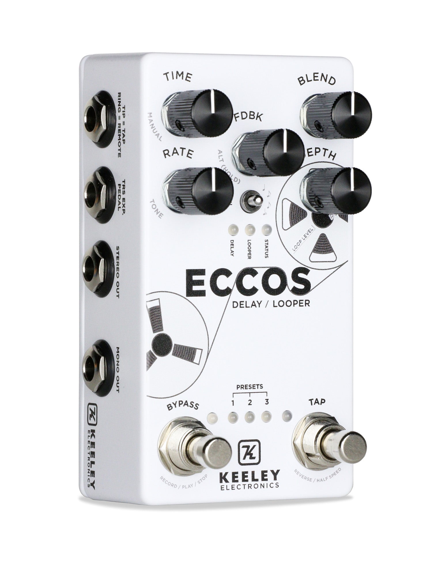 Pédale ECCOS, délai vintage et looper stéréo, 3 presets, tap tempo, entrée pour pédale d'expression, boitier métal, blanc