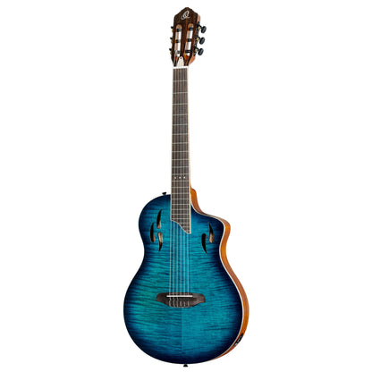 RTPDLX-FMA, modèle TourPlayer, EQ Magus X, corps okoumé, table érable flammé, sillet 48 mm, housse, bleu dégradé brillant