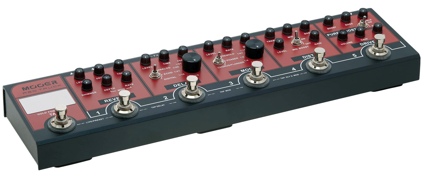 Pédalier RED TRUCK, 6 pédales d'effet (Boost, Overdrive, Distorsion, Modulation, Délai, Réverb), rouge