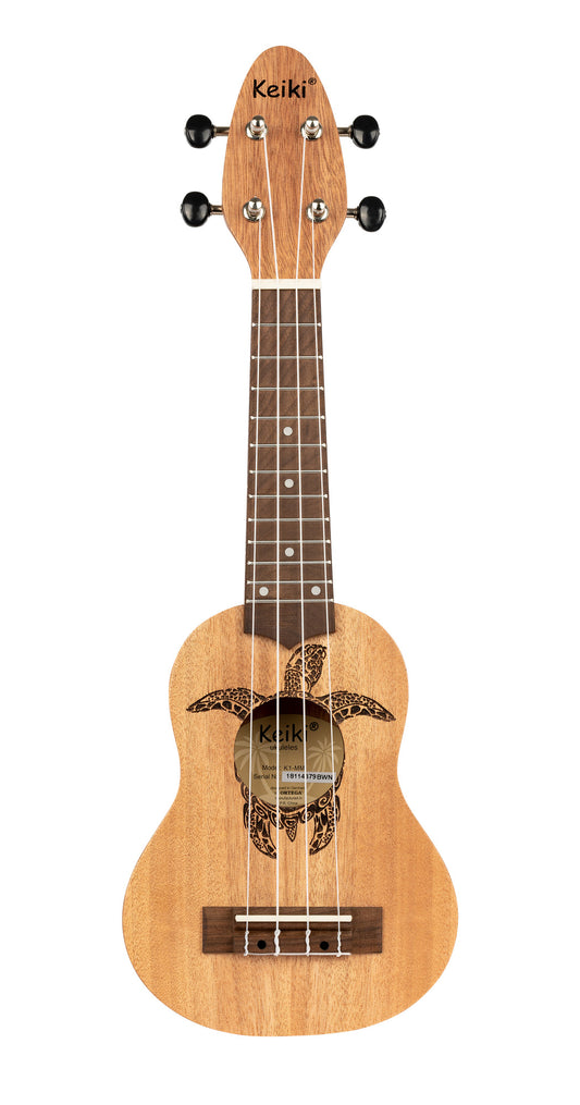 K1-MM, ukulélé Sopranino, table okoumé avec motif tortue, fond & éclisses okoumé, manche okoumé, acajou pores ouverts