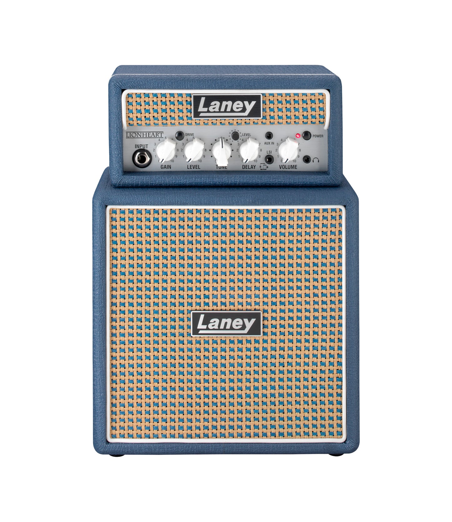 Ampli guitare MINISTACK-LION stéréo 2x 3W, look Lionheart, 4 x HP 3", 2 canaux, connectique LSI, bleu