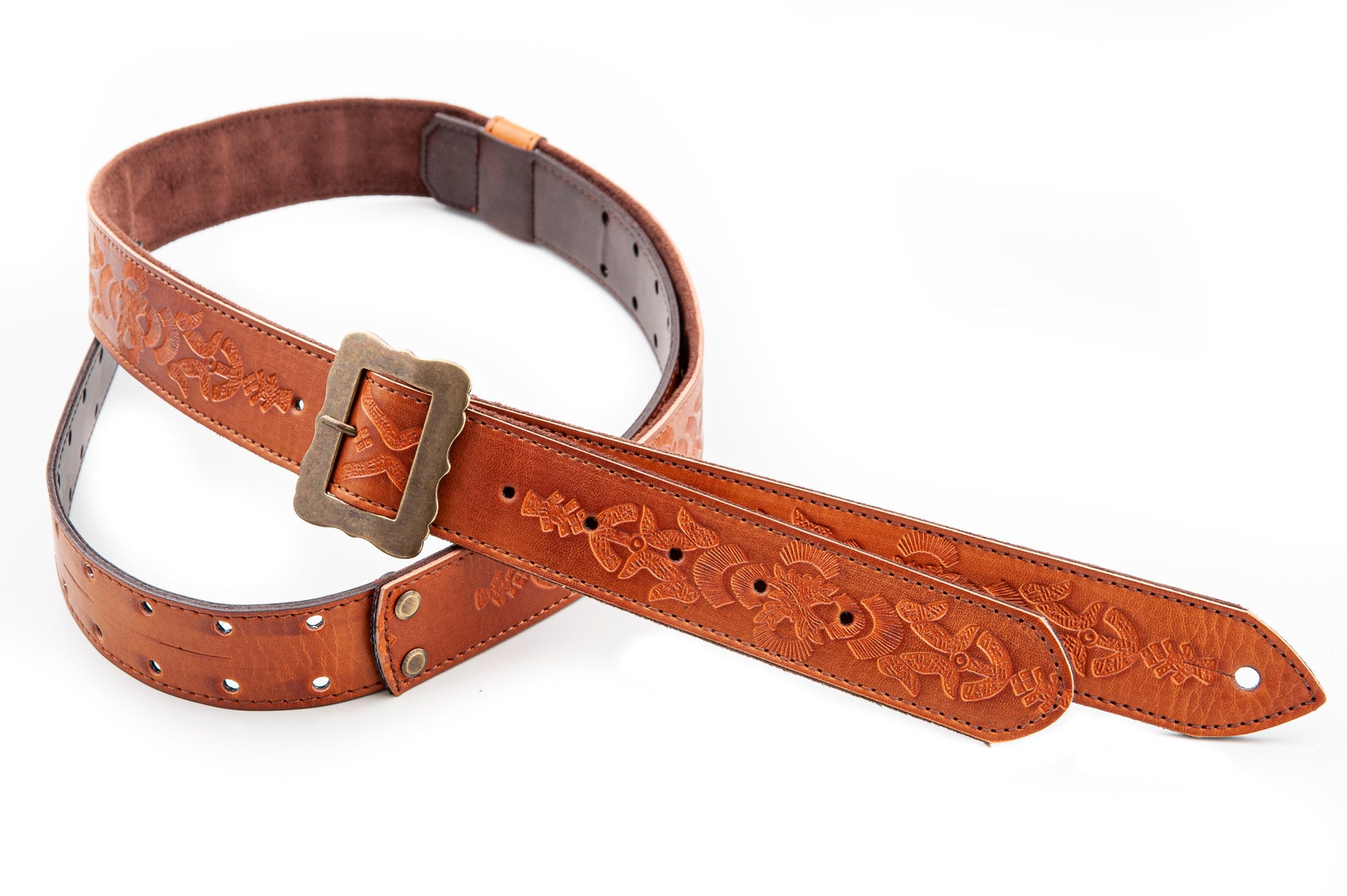 Courroie modèle LEGEND BM BOHEMIAN, cuir haute qualité, largeur 4 cm, longueur 60 à 163 cm, porte bottleneck intégré, woody