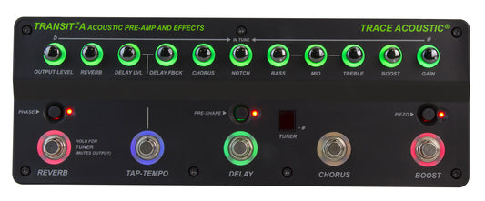 Pédalier d'effets et préampli acoustique, EQ 3 bandes, Notch, reverb, delay, chorus, rétroéclairé, accordeur, finition noir