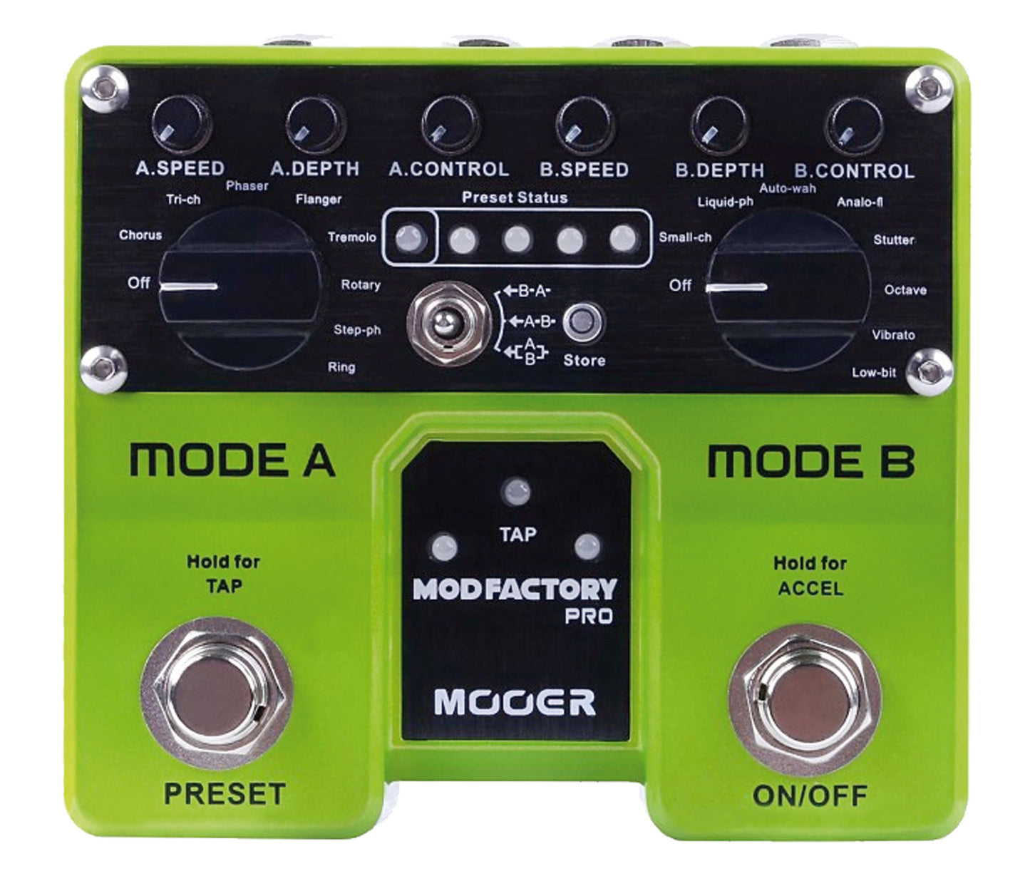 Pédale MOD FACTORY PRO, 2 modules de modulations indépendants (Modes A et B), 16 effets de modulations, vert