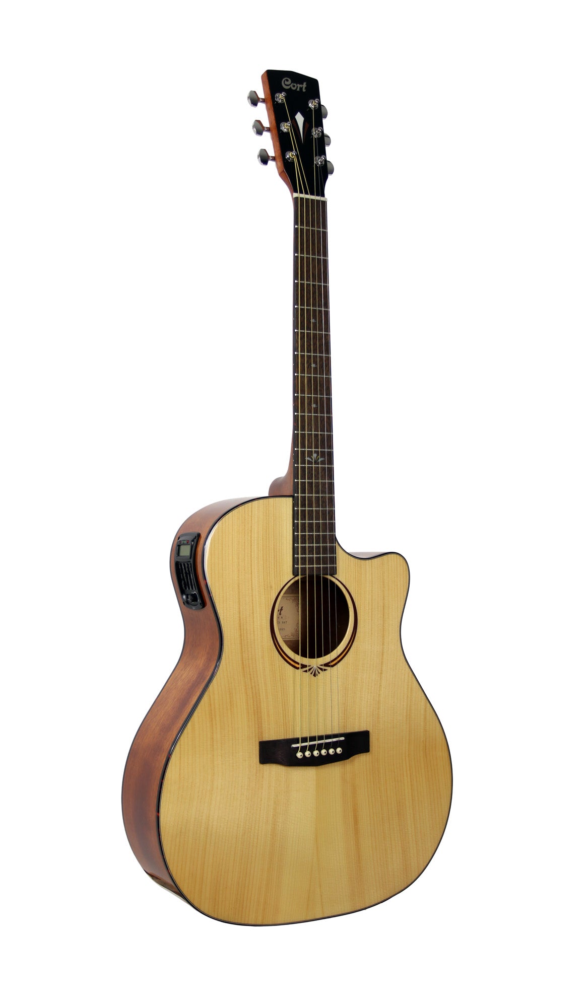 GA-MEDX, table épicéa massif, f/e acajou, manche acajou, touche & chevalet merbau, EQ Cort CE306T, naturel brillant