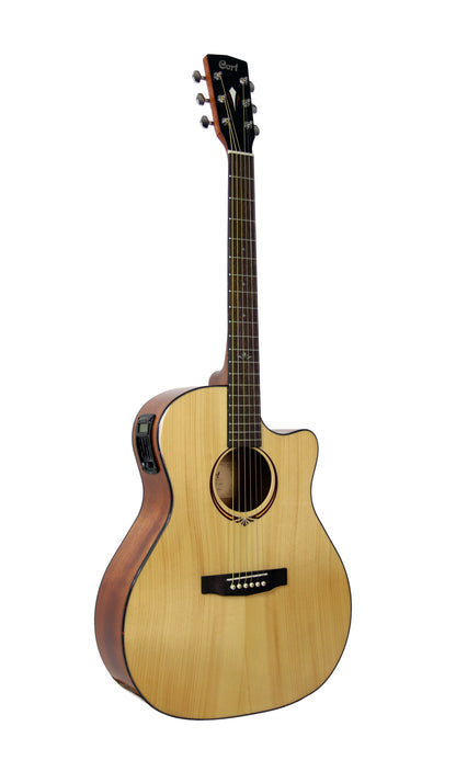 GA-MEDX, table épicéa massif, f/e acajou, manche acajou, touche & chevalet merbau, EQ Cort CE306T, naturel brillant