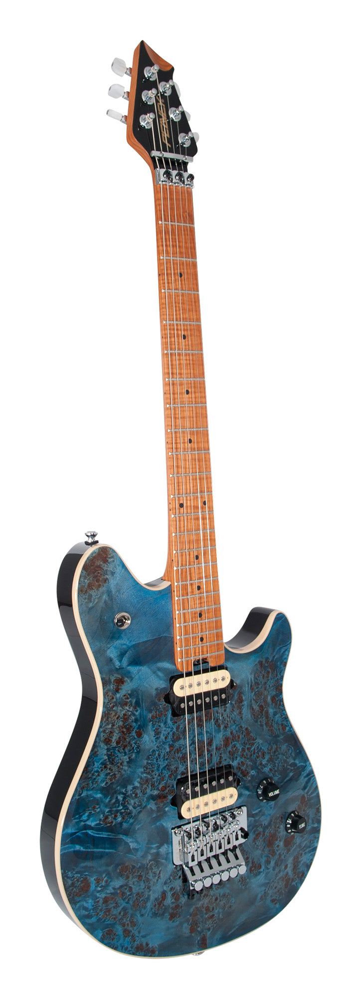 HP2 Poplar Burl, corps tilleul/érable flammé, manche érable flammé, Floyd sous licence, 2 micros Humbucker, finition Trans Blue