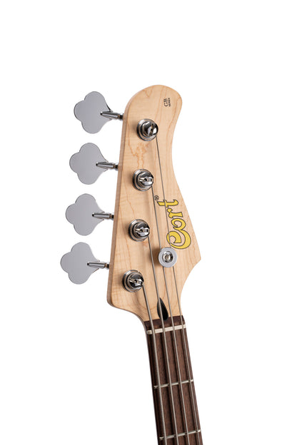 GB24JJ, 4 cordes, corps peuplier, table érable flammé, 2 micros simples Jazz Cort Powersound, noir translucide