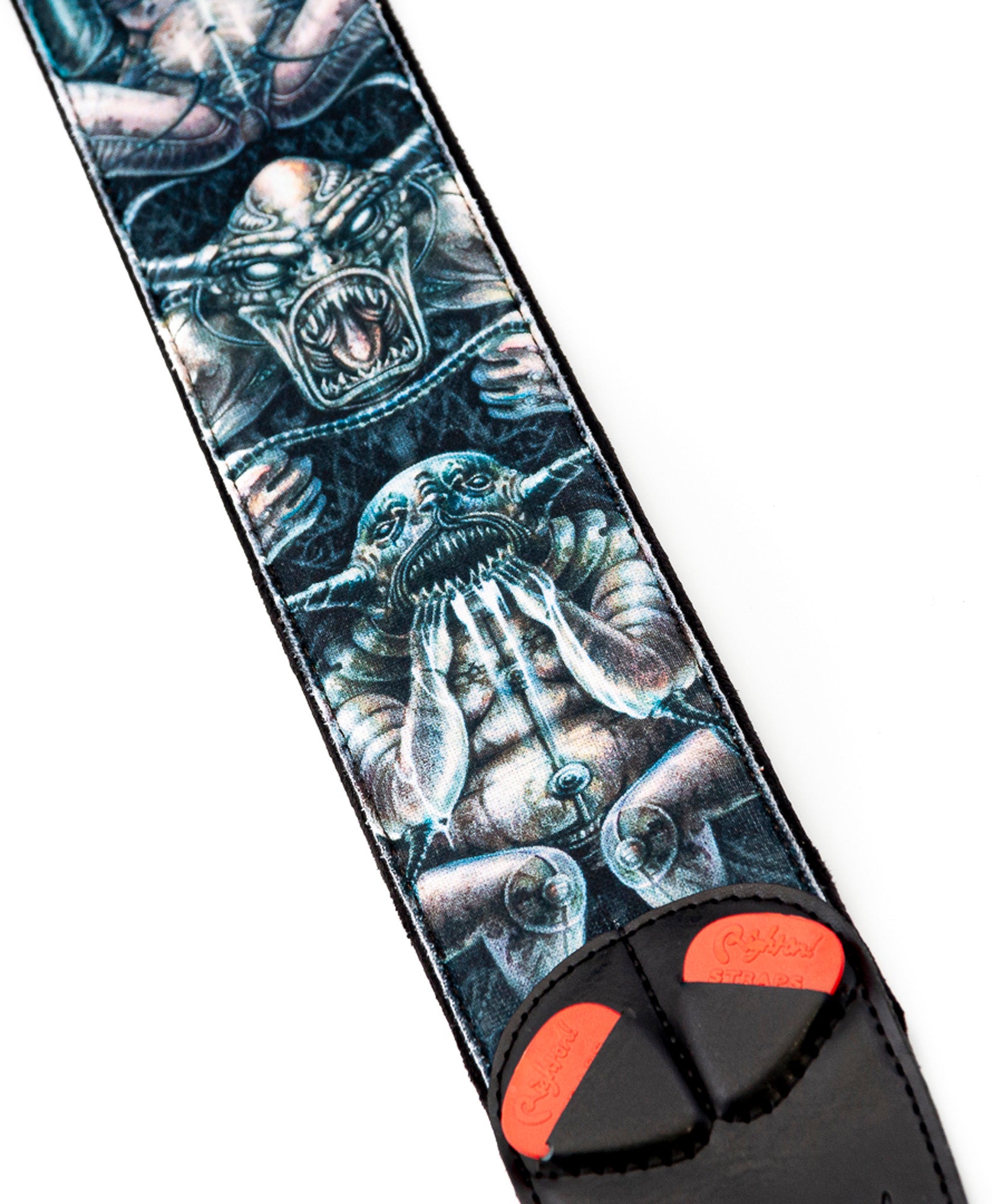 Courroie modèle SEVEN, extérieur tissu, largeur 6 cm, longueur 100 à 145 cm, porte-médiators intégré, unic (sept péchés)