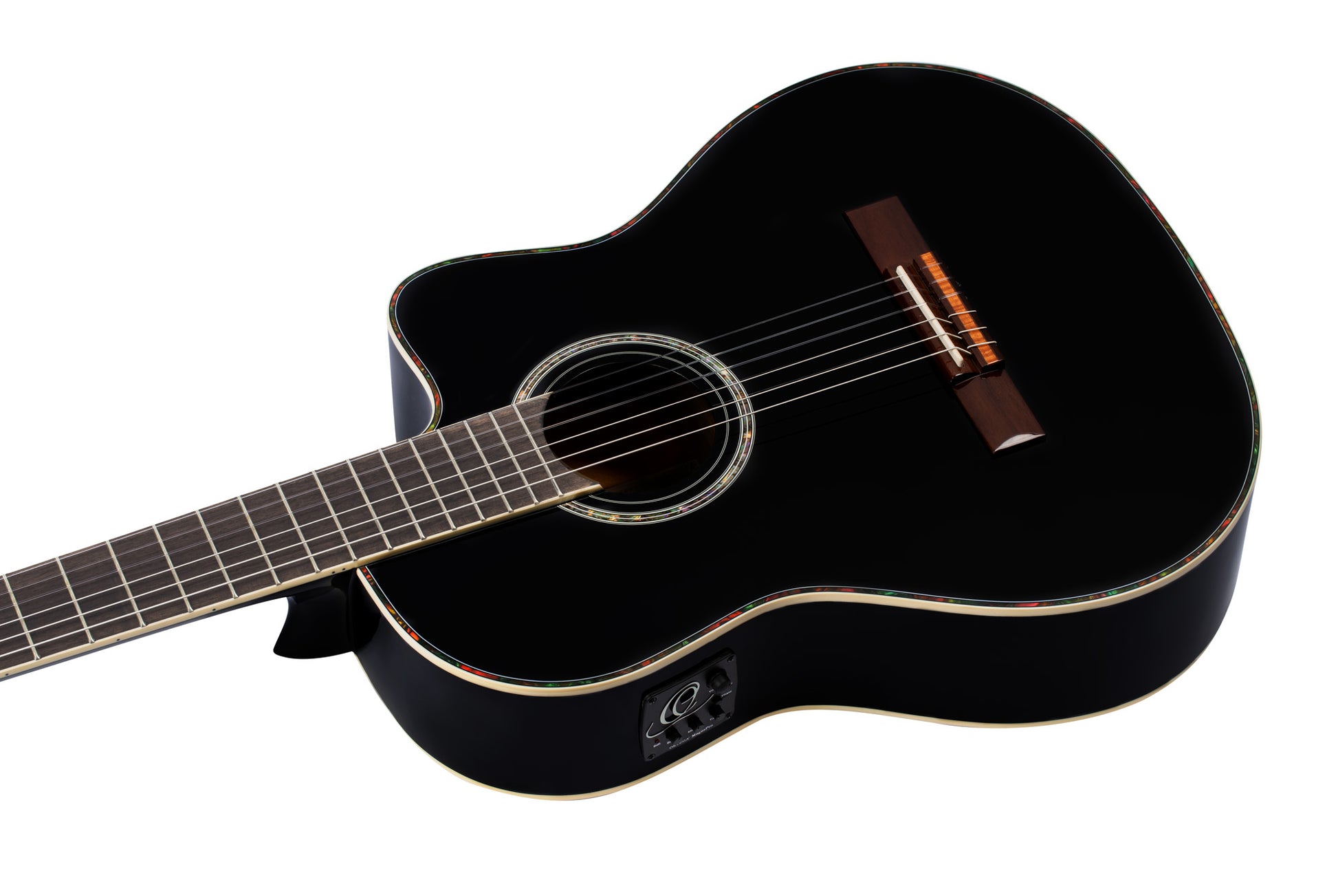 RCE141, pan coupé, EQ Ortega MagusPro, table épicéa massif, manche acajou (52 mm), noir brillant