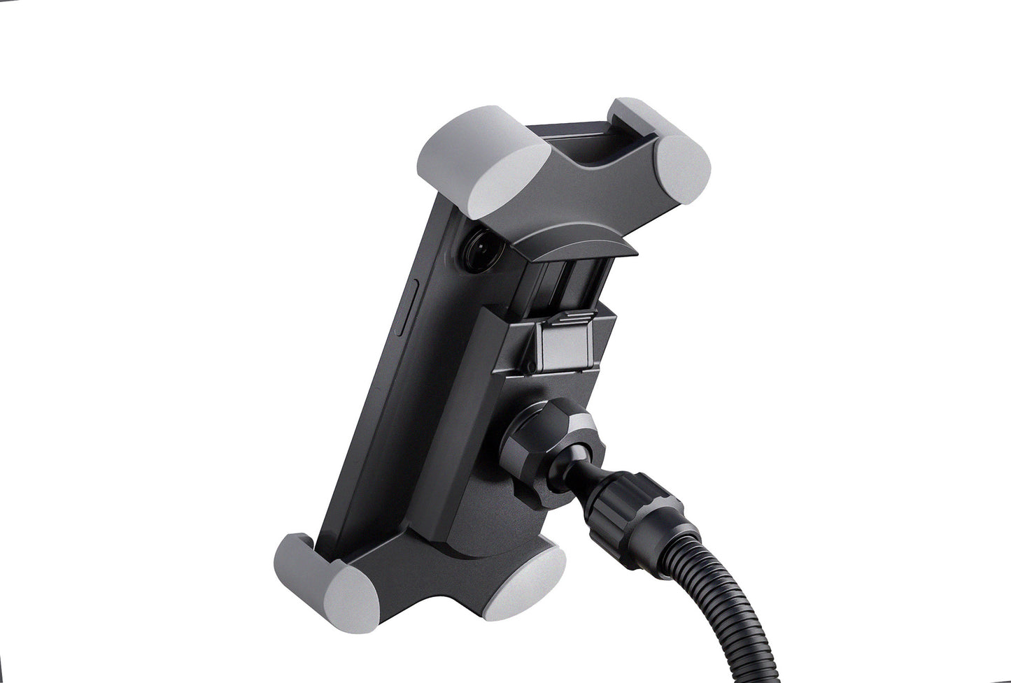 Support tablette de table design, acier et plastique, bras de maintien flexible, noir.