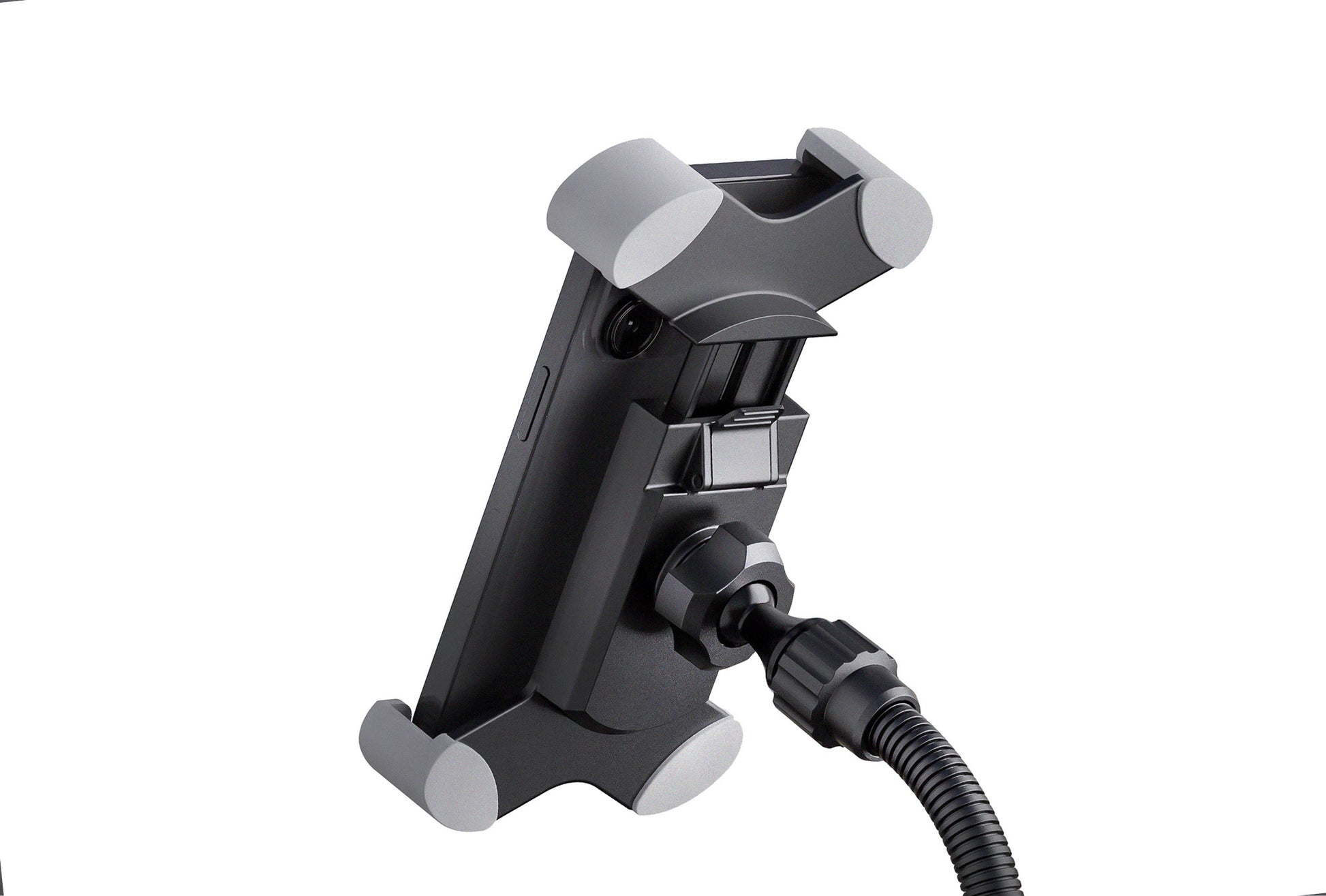 Support tablette de table design, acier et plastique, bras de maintien flexible, noir.