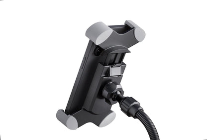 Support tablette de table design, acier et plastique, bras de maintien flexible, noir.