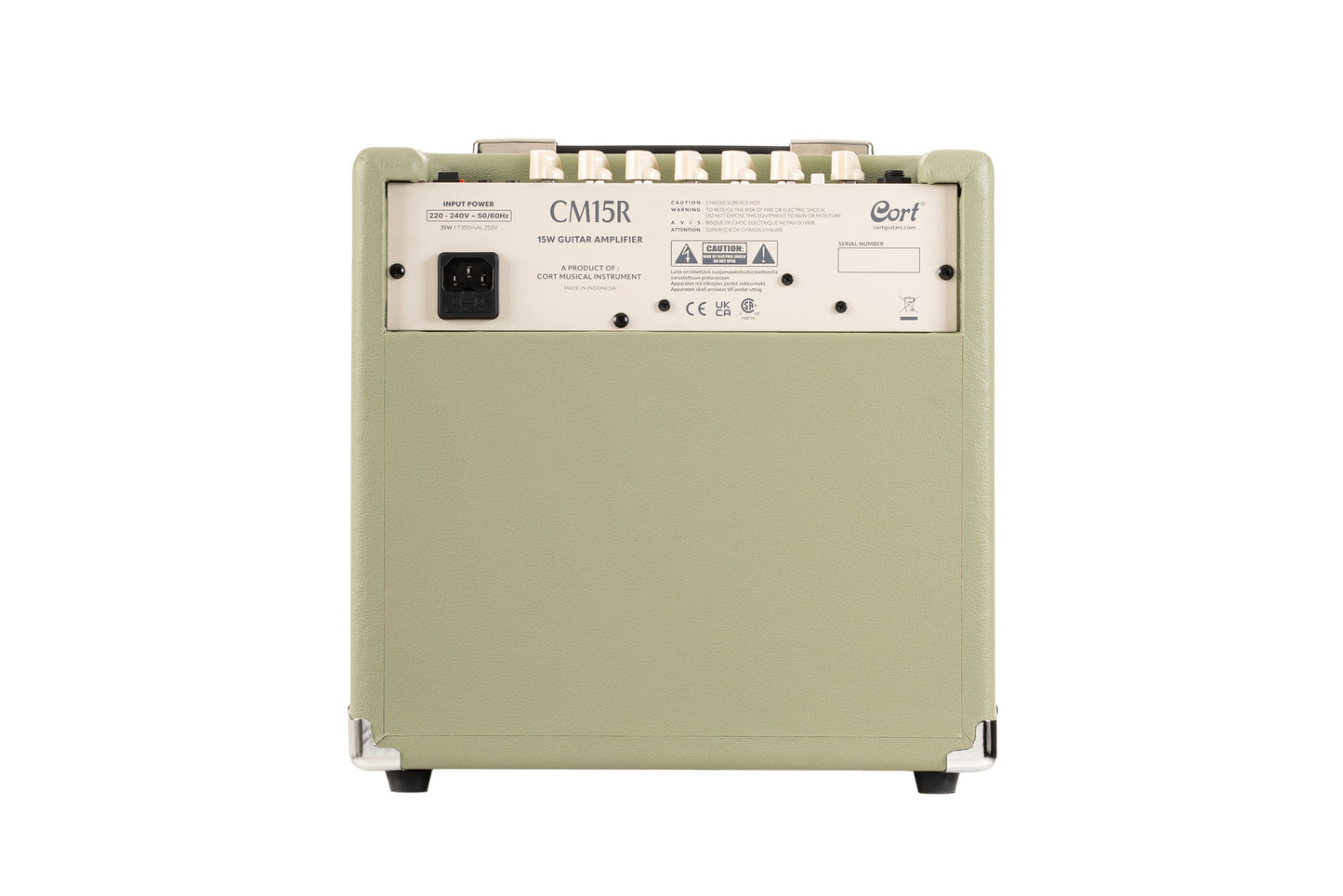 Ampli guitare 15W, 1 x 8", 2 canaux, égaliseur 3 bandes, réverb, entrée CD/MP3 mini-Jack, sortie casque mini-Jack, vert pale