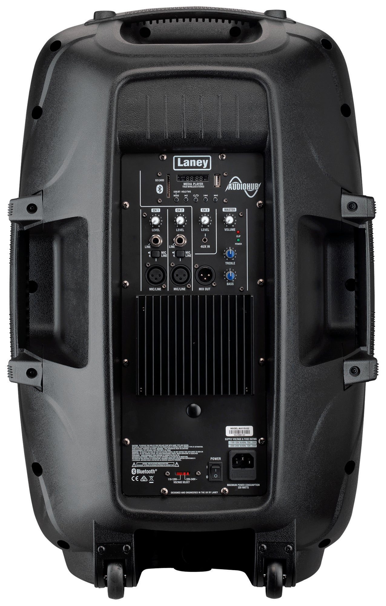 Enceinte polyvalente AH115-G2, 800W, HP 15" + compression 1", 3 canaux, lecteur média SD/USB/BLUETOOTH, 15 kg, noir