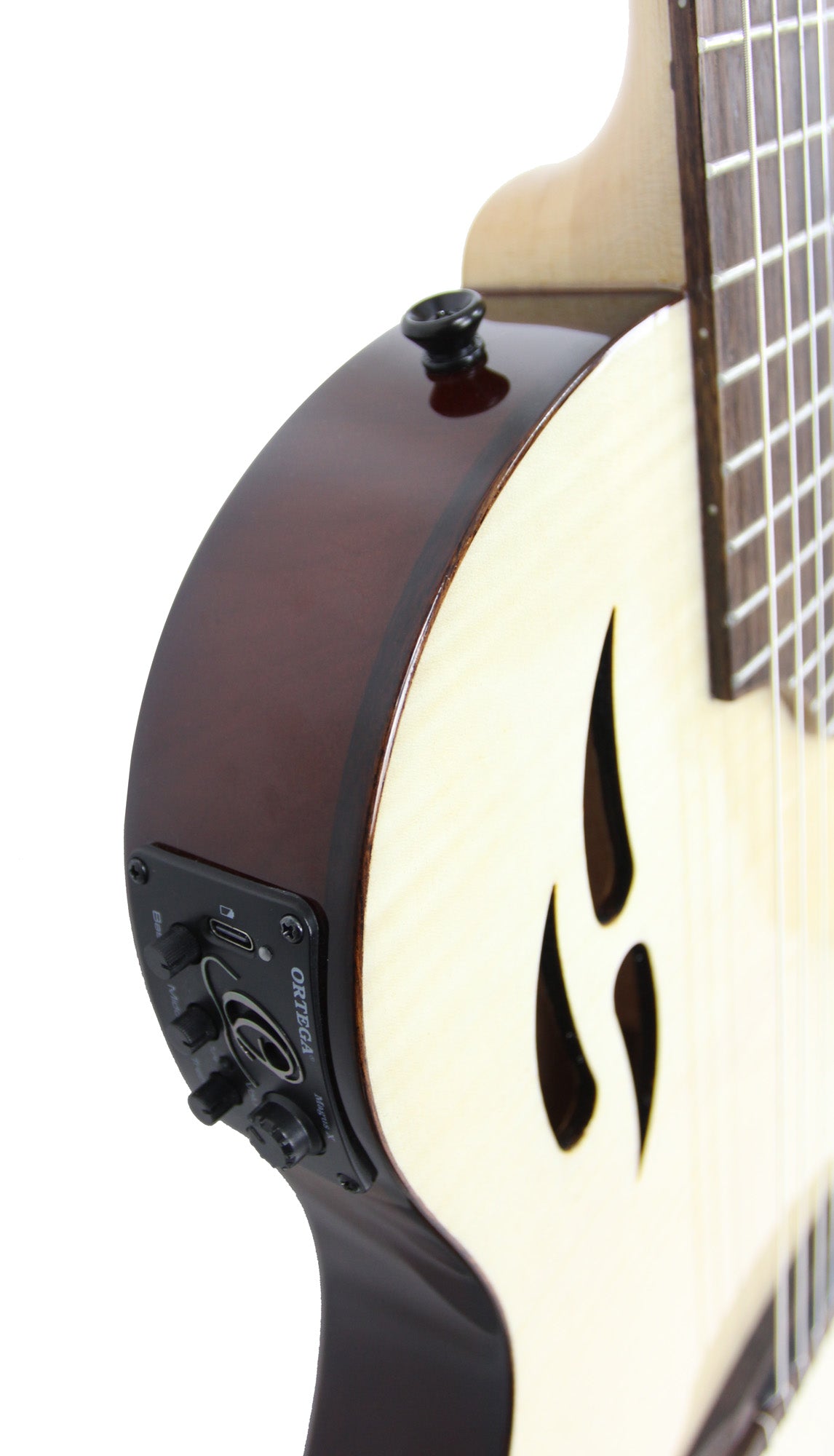 RTPFE-1, modèle TourPlayer, EQ Magus X, corps okoumé, table érable flammé, sillet 48 mm, housse, naturel brillant